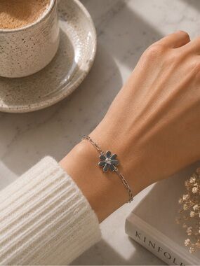 Sterling Silver Flower Bracelet S925 Adjustable w/ Lab Diamond Accent